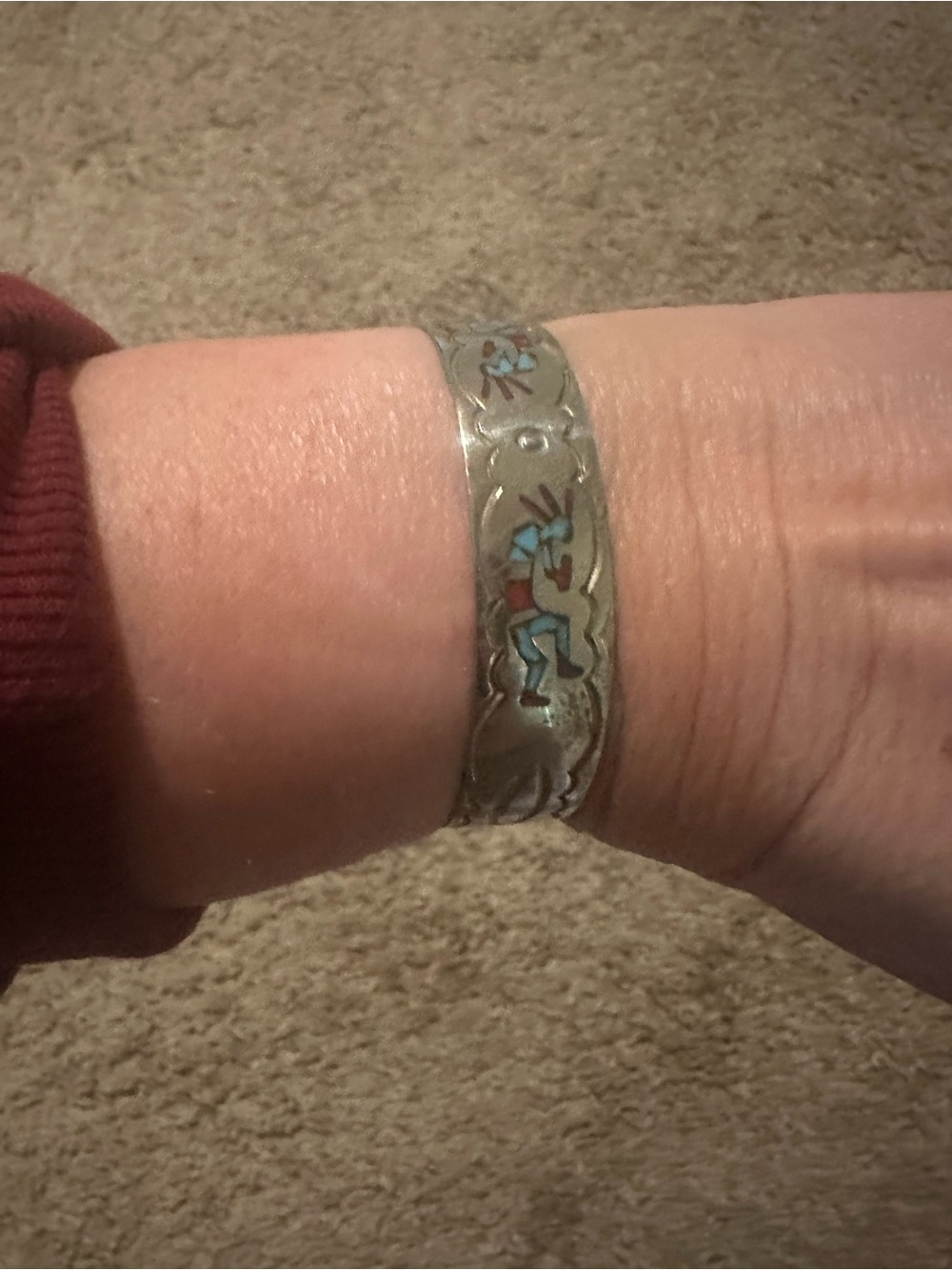 Sterling Silver Inlay Cuff Bracelet with Turquoise & Red Kokopelli Design